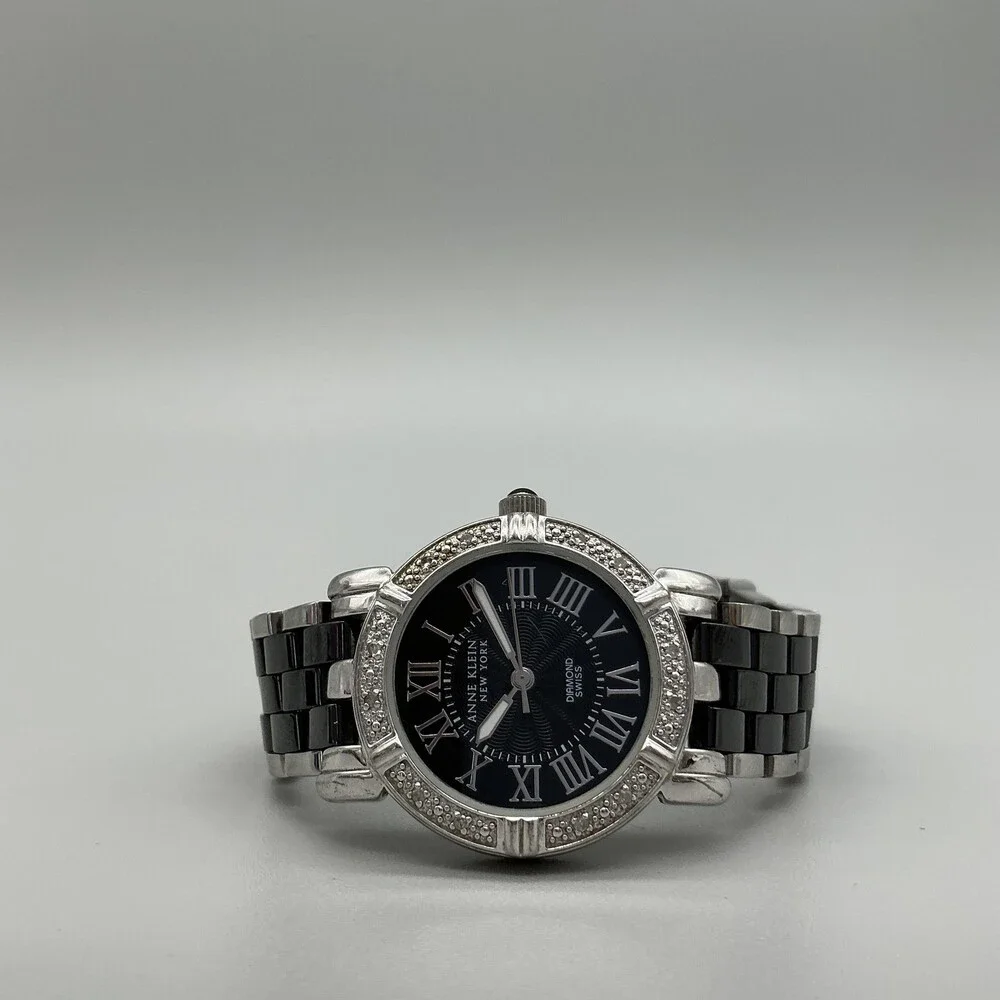 Anne Klein Womens Watch 30mm Black Dial Diamond Bezel Stainless New Battery 6.5
